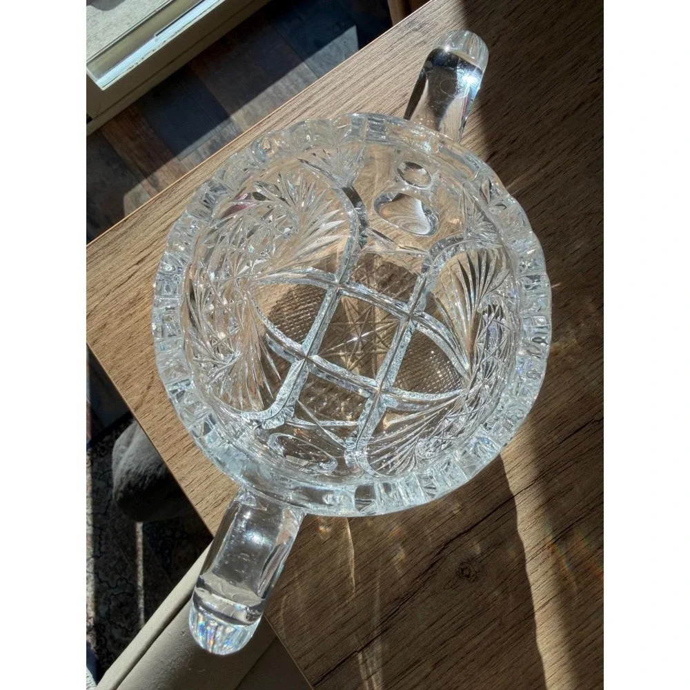 Vintage Cut Glass Crystal Serving Set Starburst Diamond Pattern 5 Pc Collection
